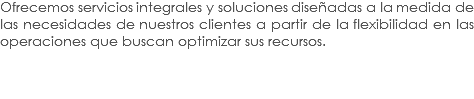 Ofrecemos servicios integrales y soluciones diseñadas a la medida de las necesidades de nuestros clientes a partir de la flexibilidad en las operaciones que buscan optimizar sus recursos.
